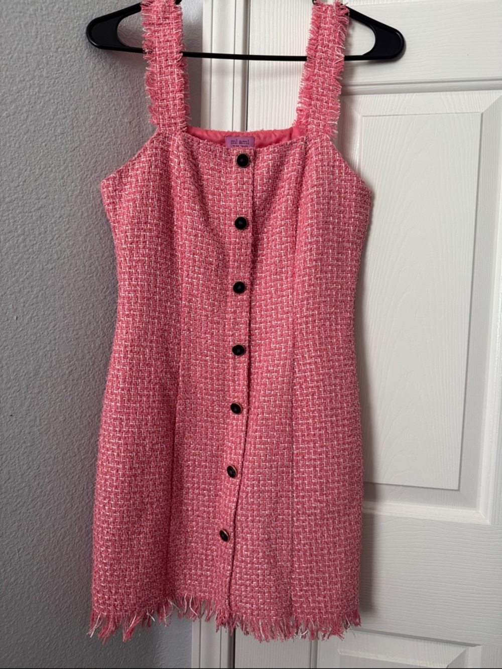 Francesca's Collections Pink Tweed Button Mini Dress